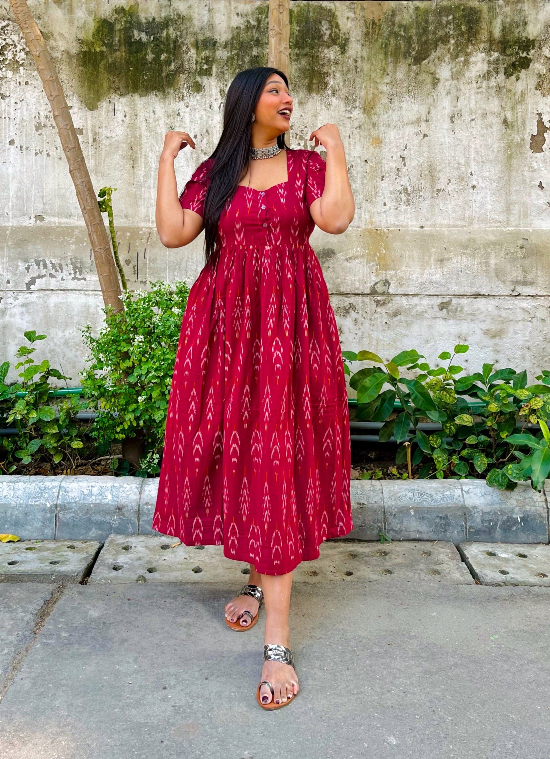 Inaya Maroon Ikat Maxi Dress