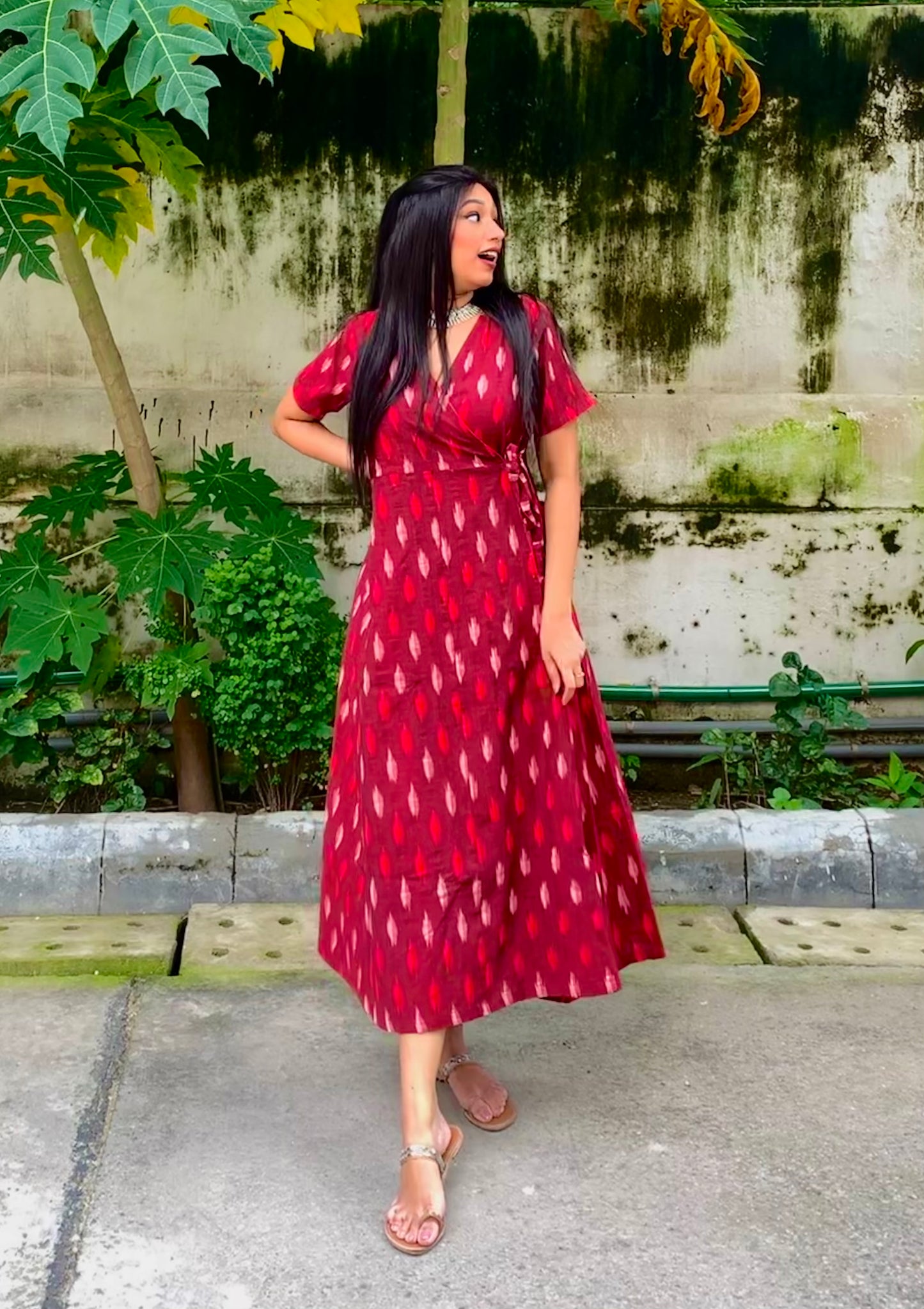 Maroon Ikat Hand Woven Wrap Dress