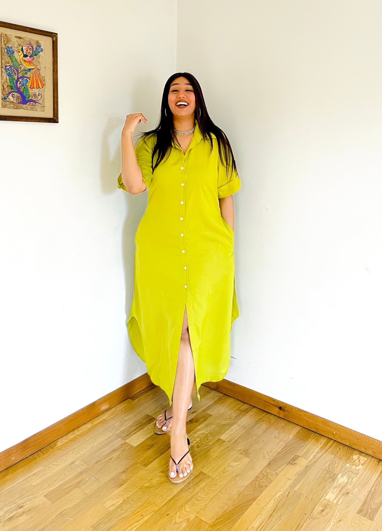 Lemon Yellow Button Down Rayon Shirt Dress