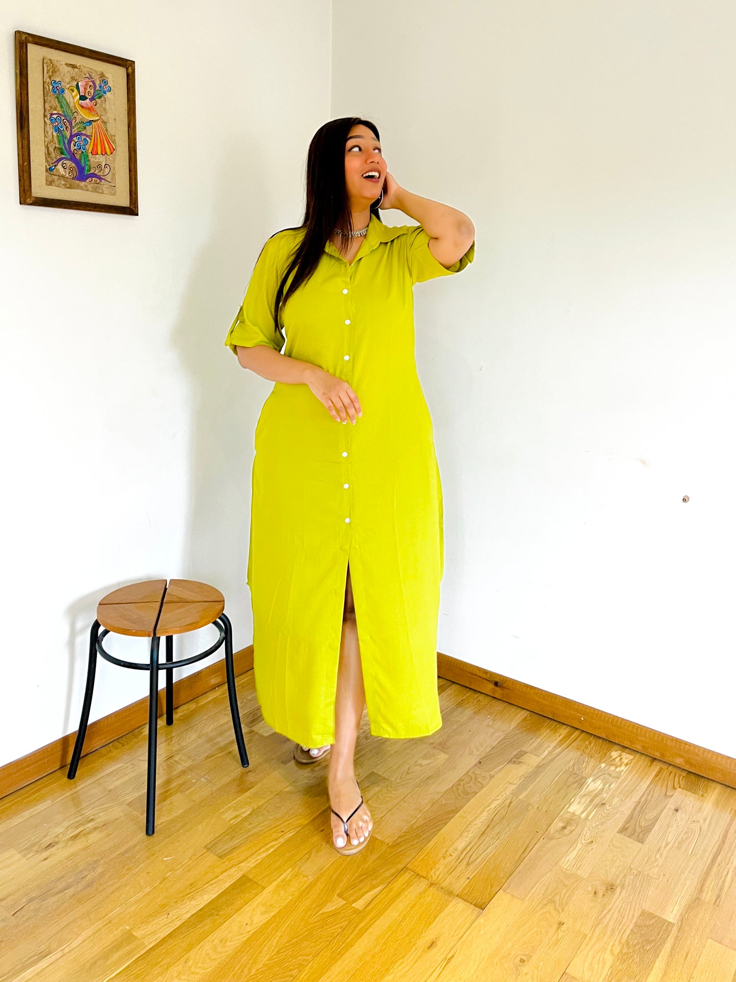 Lemon Yellow Button Down Rayon Shirt Dress