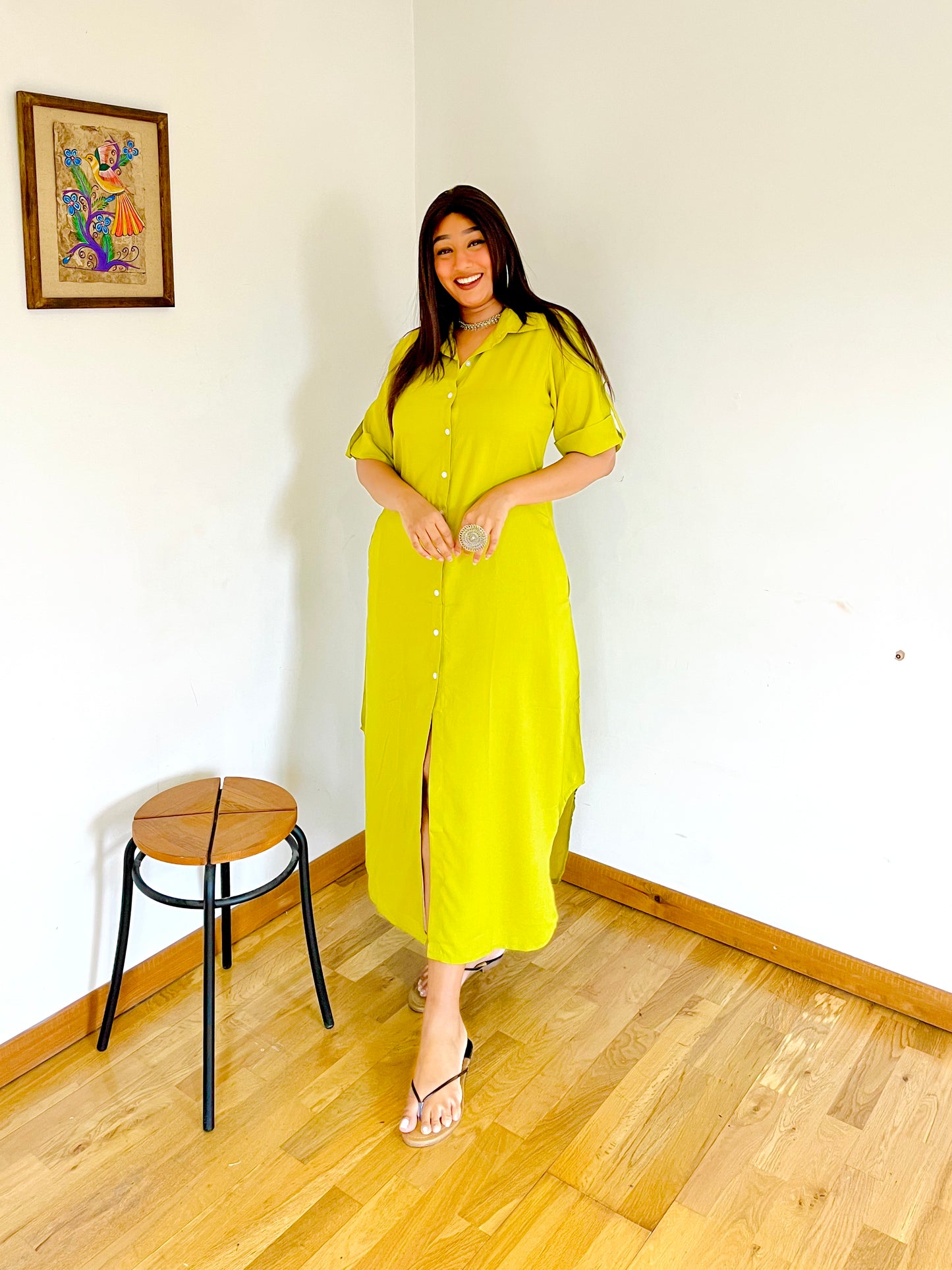 Lemon Yellow Button Down Rayon Shirt Dress