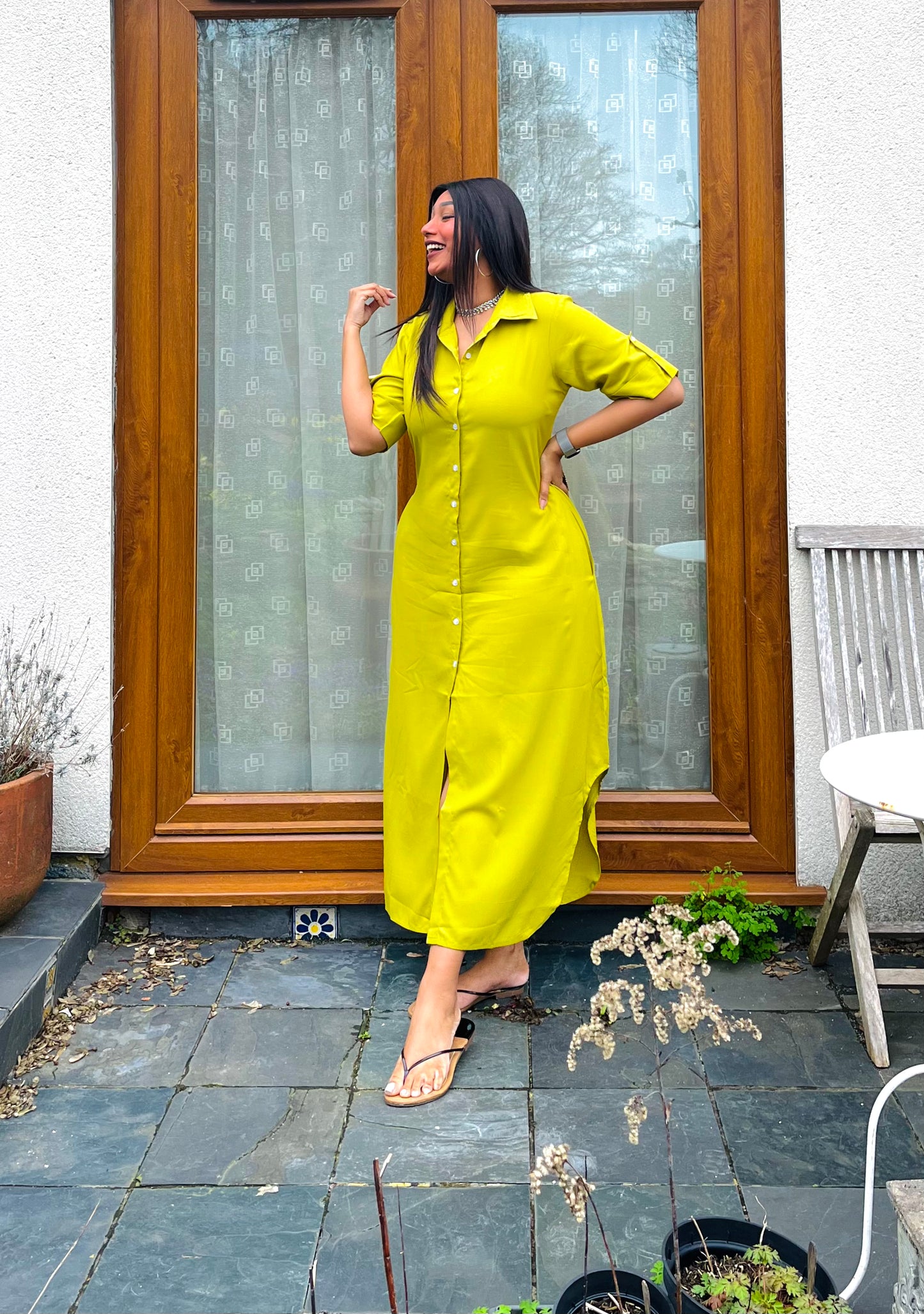 Lemon Yellow Button Down Rayon Shirt Dress