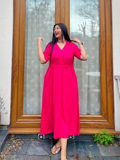 Hot Pink Rayon Midi Dress