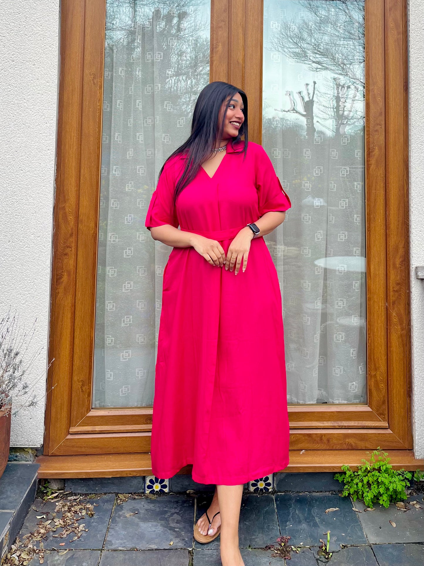 Hot Pink Rayon Midi Dress