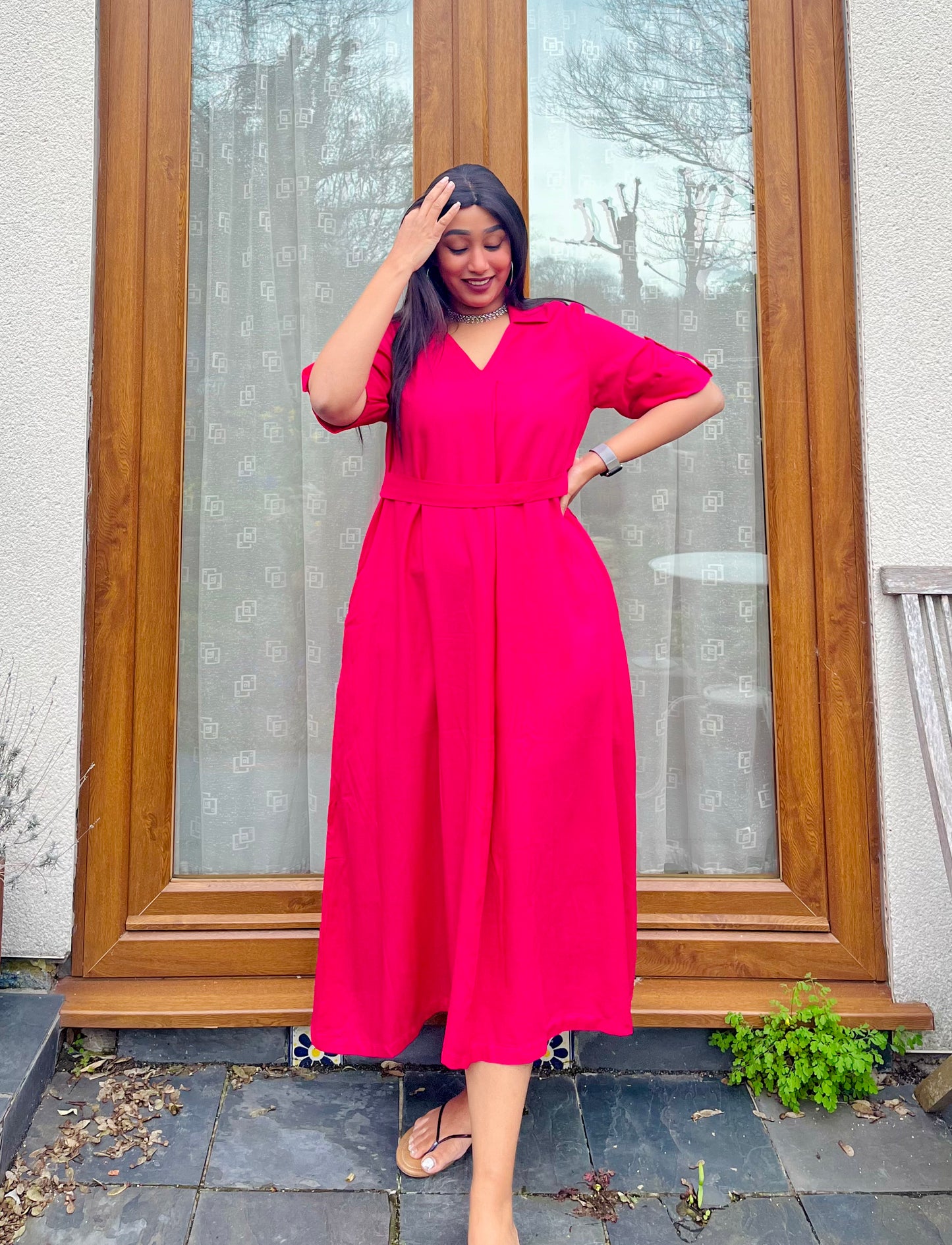 Hot Pink Rayon Midi Dress