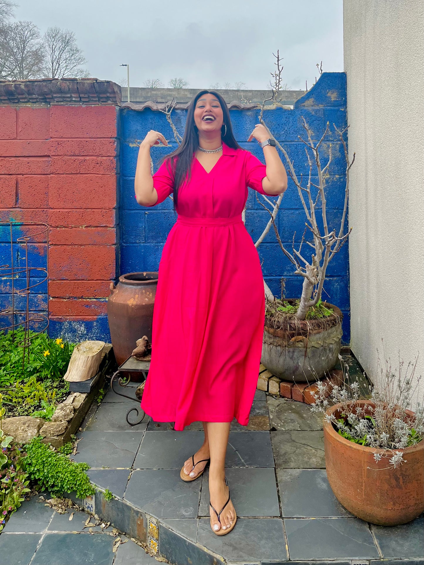 Hot Pink Rayon Midi Dress