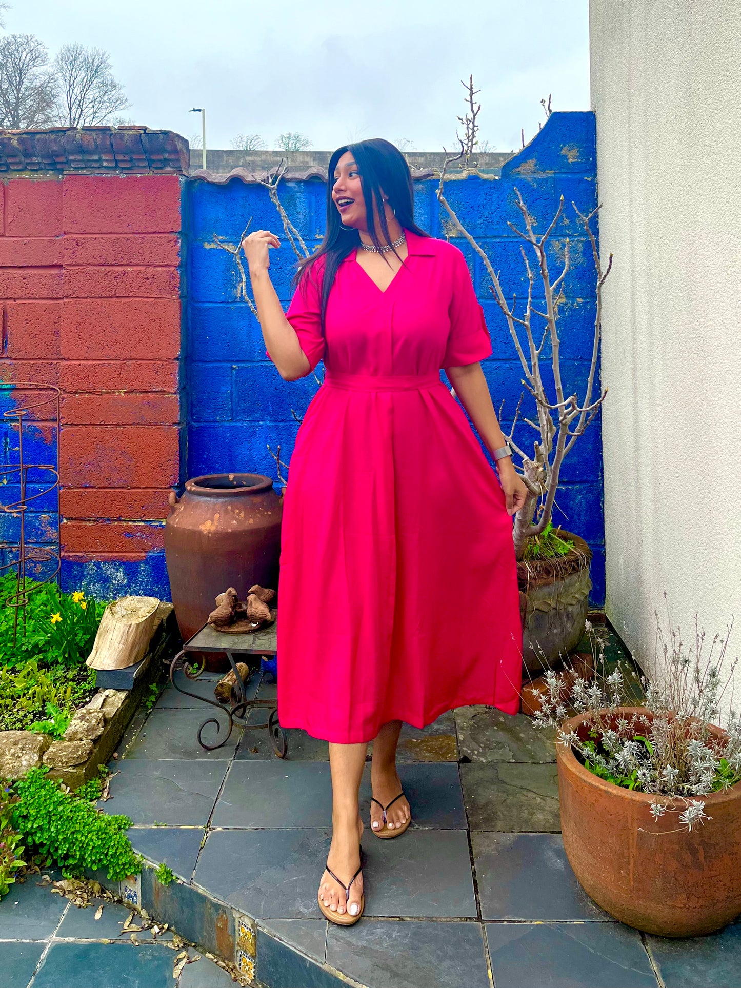 Hot Pink Rayon Midi Dress