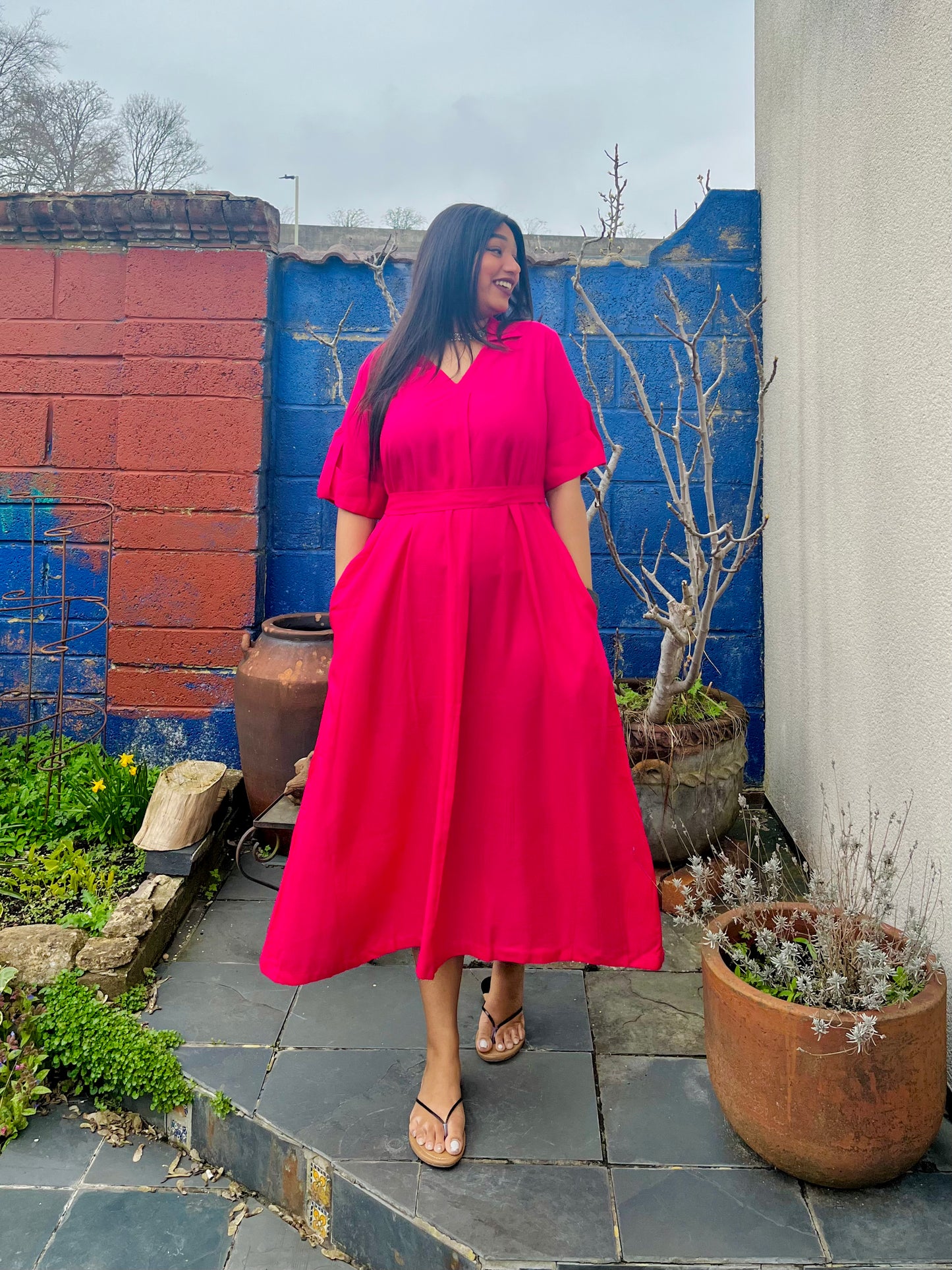 Hot Pink Rayon Midi Dress