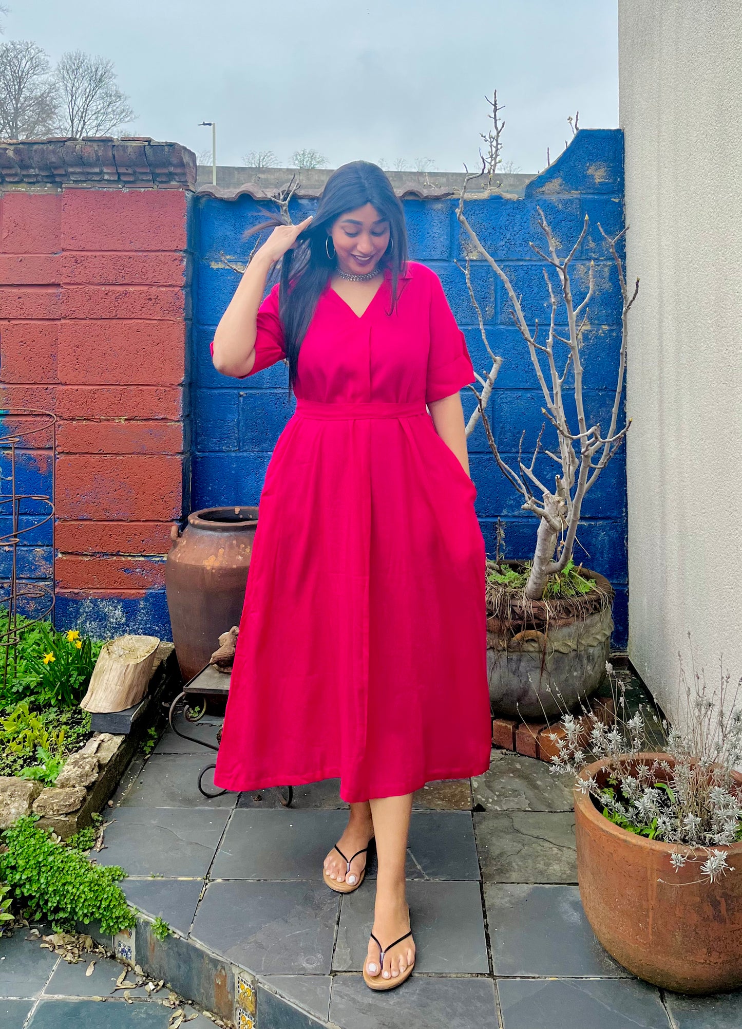 Hot Pink Rayon Midi Dress