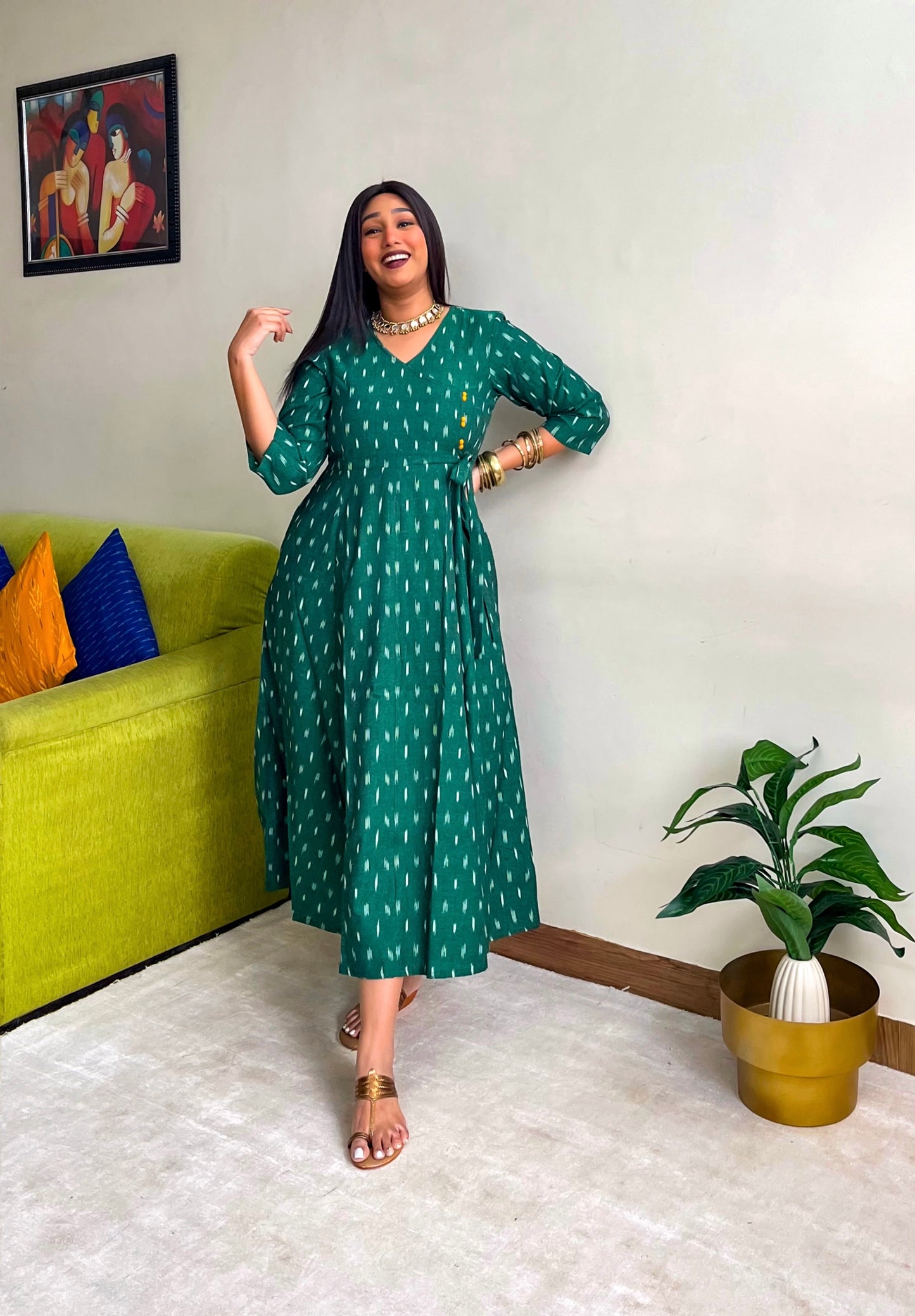 Dark Green Ikkat Angrakha Dress