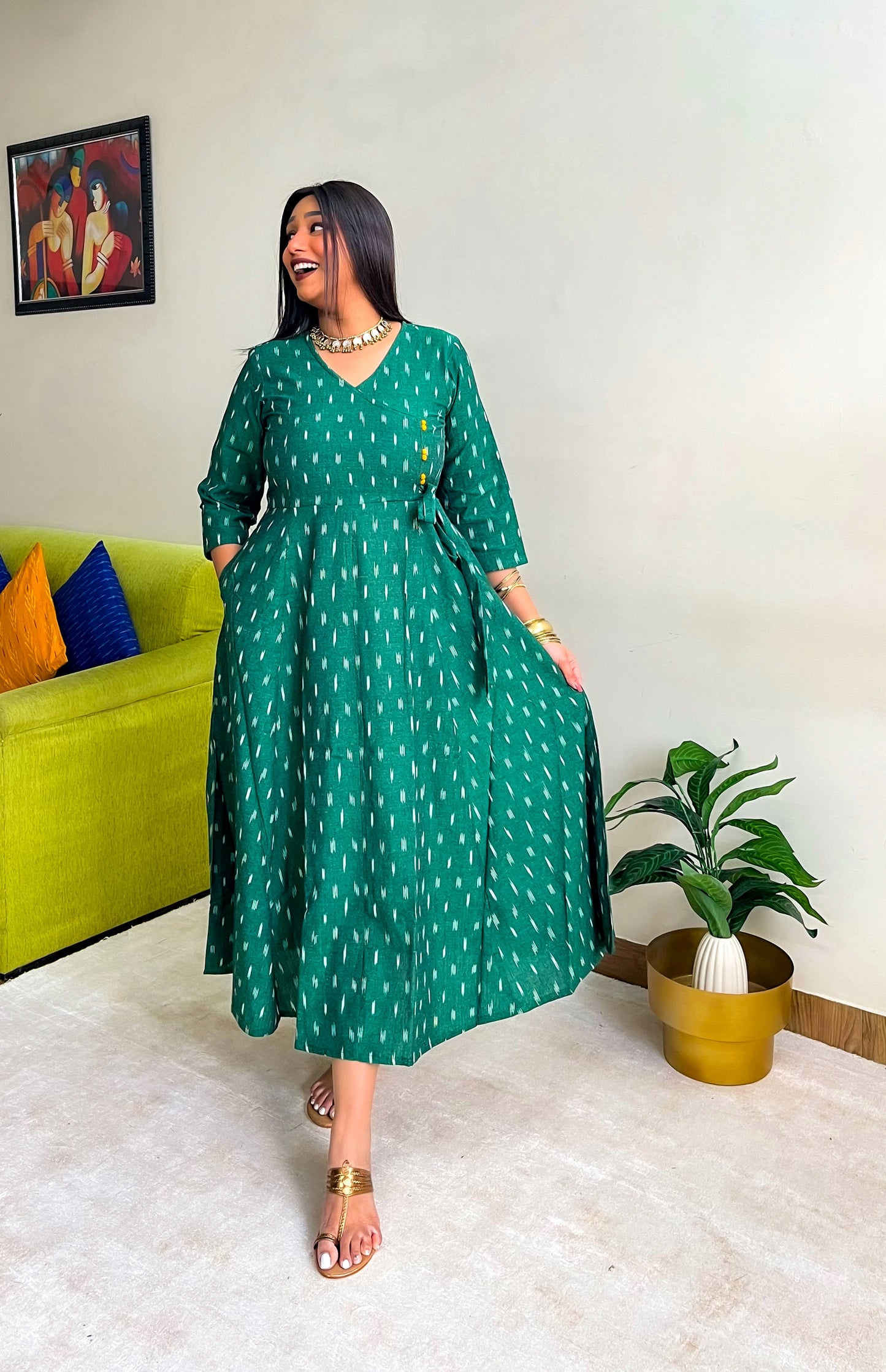 Dark Green Ikkat Angrakha Dress