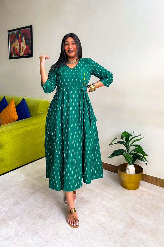 Dark Green Ikkat Angrakha Dress