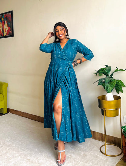 Teal Ikkat Wrap Dress (S)