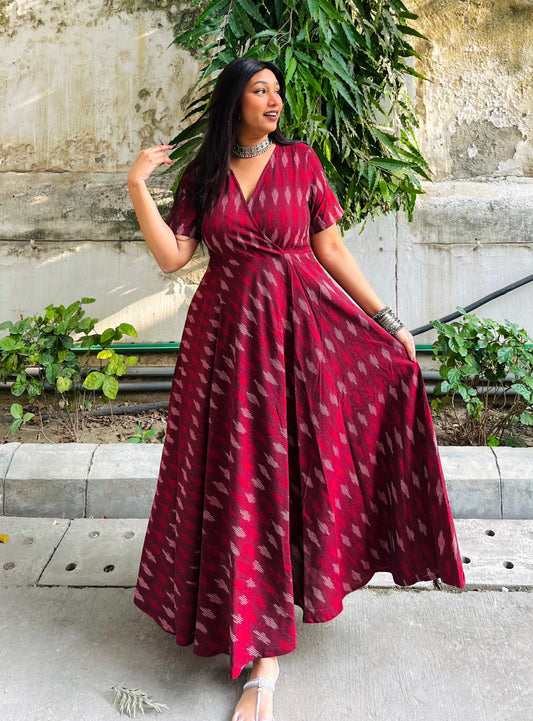 Maroon Ikat Wrap-Style Anarkali