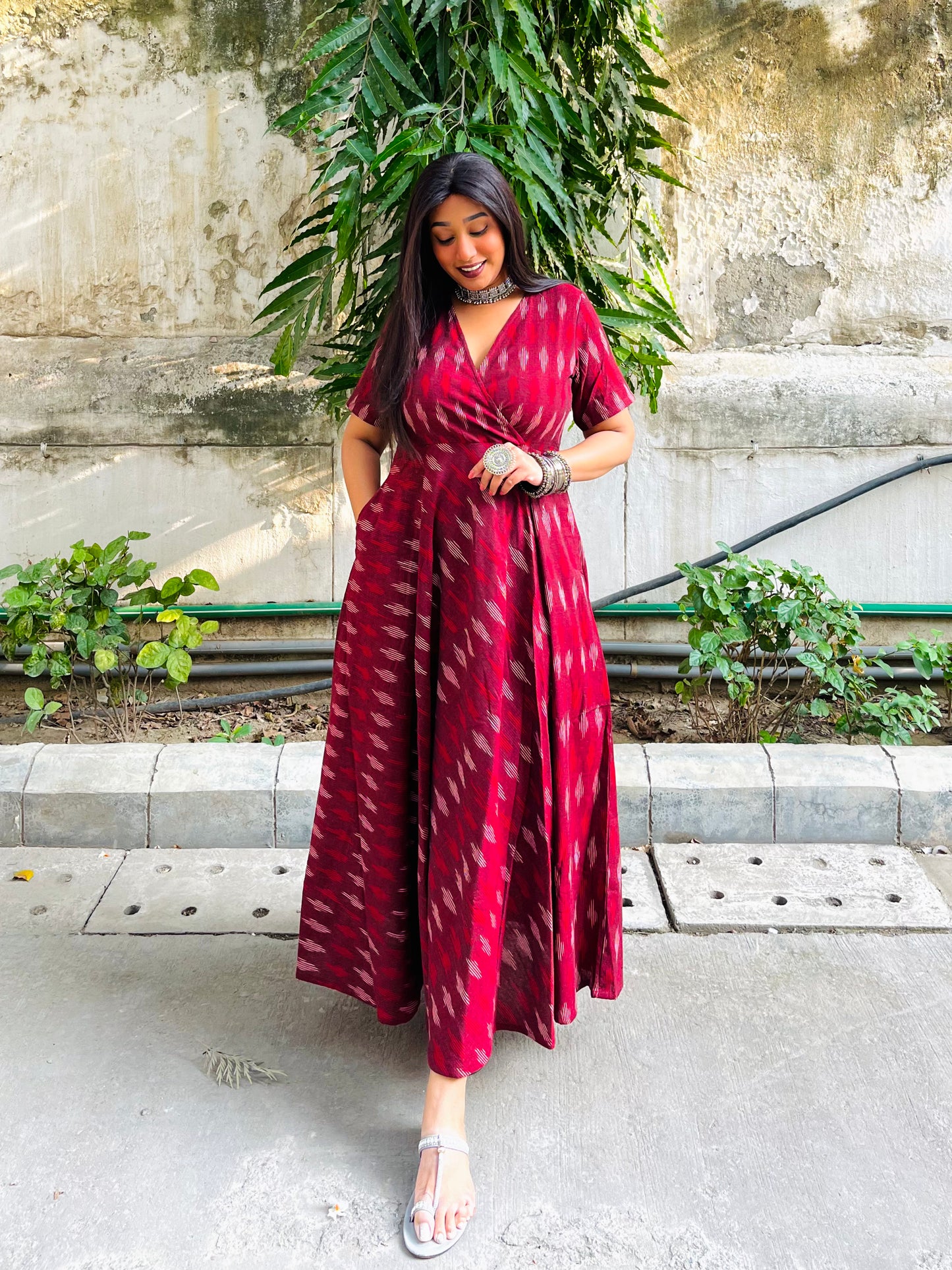 Maroon Ikat Wrap-Style Anarkali