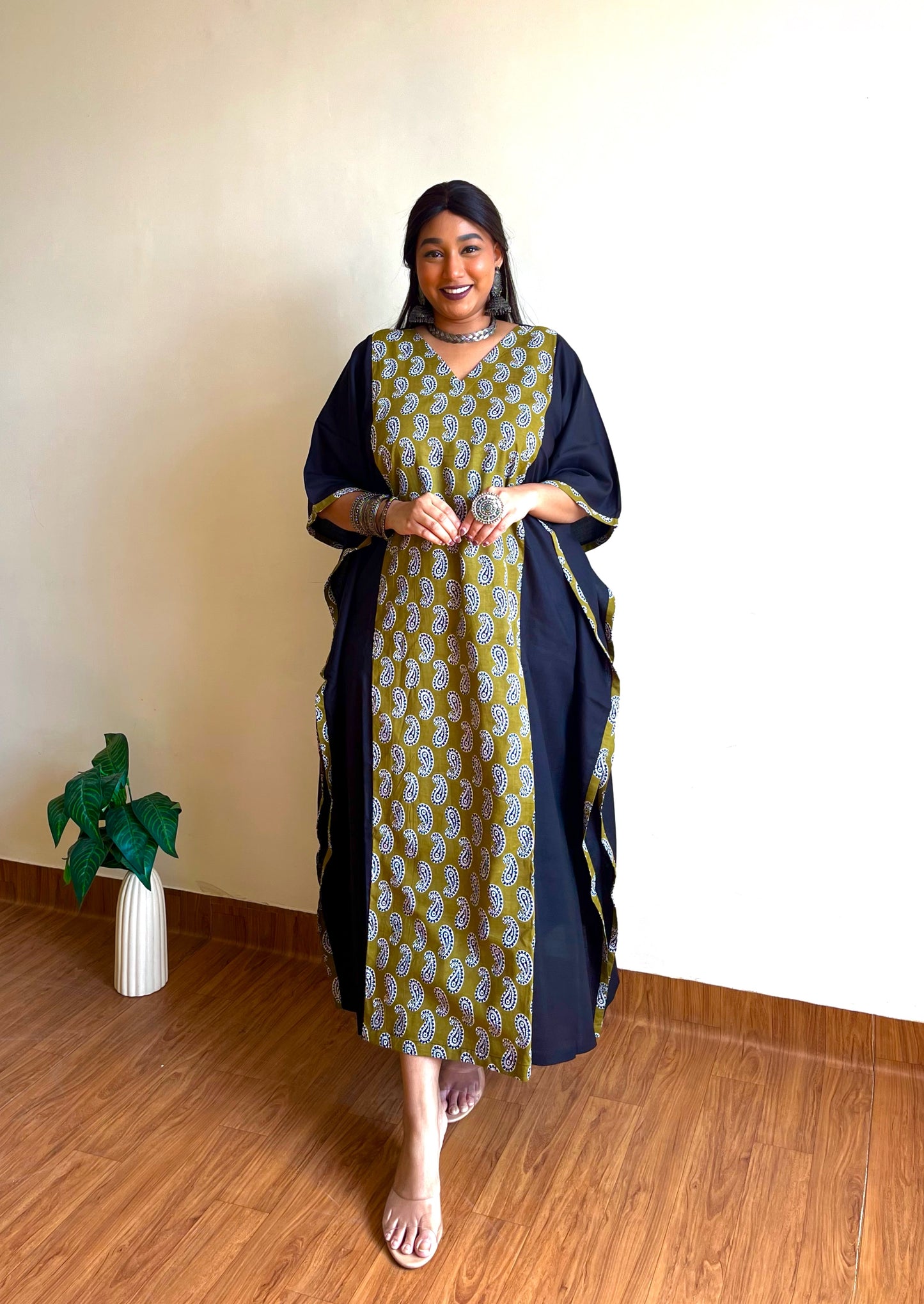 Olive Ikkat Panel Kaftan