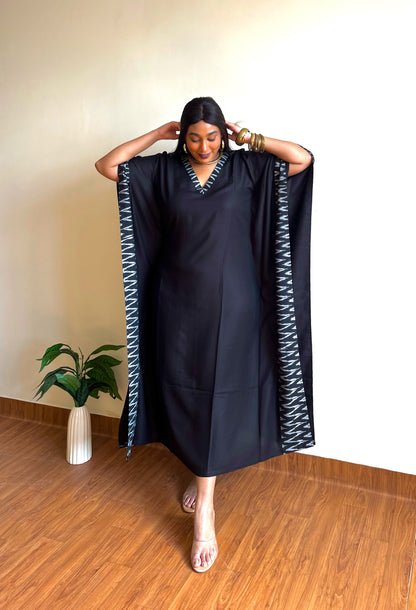 Black Rayon Ikat Panel Kaftan