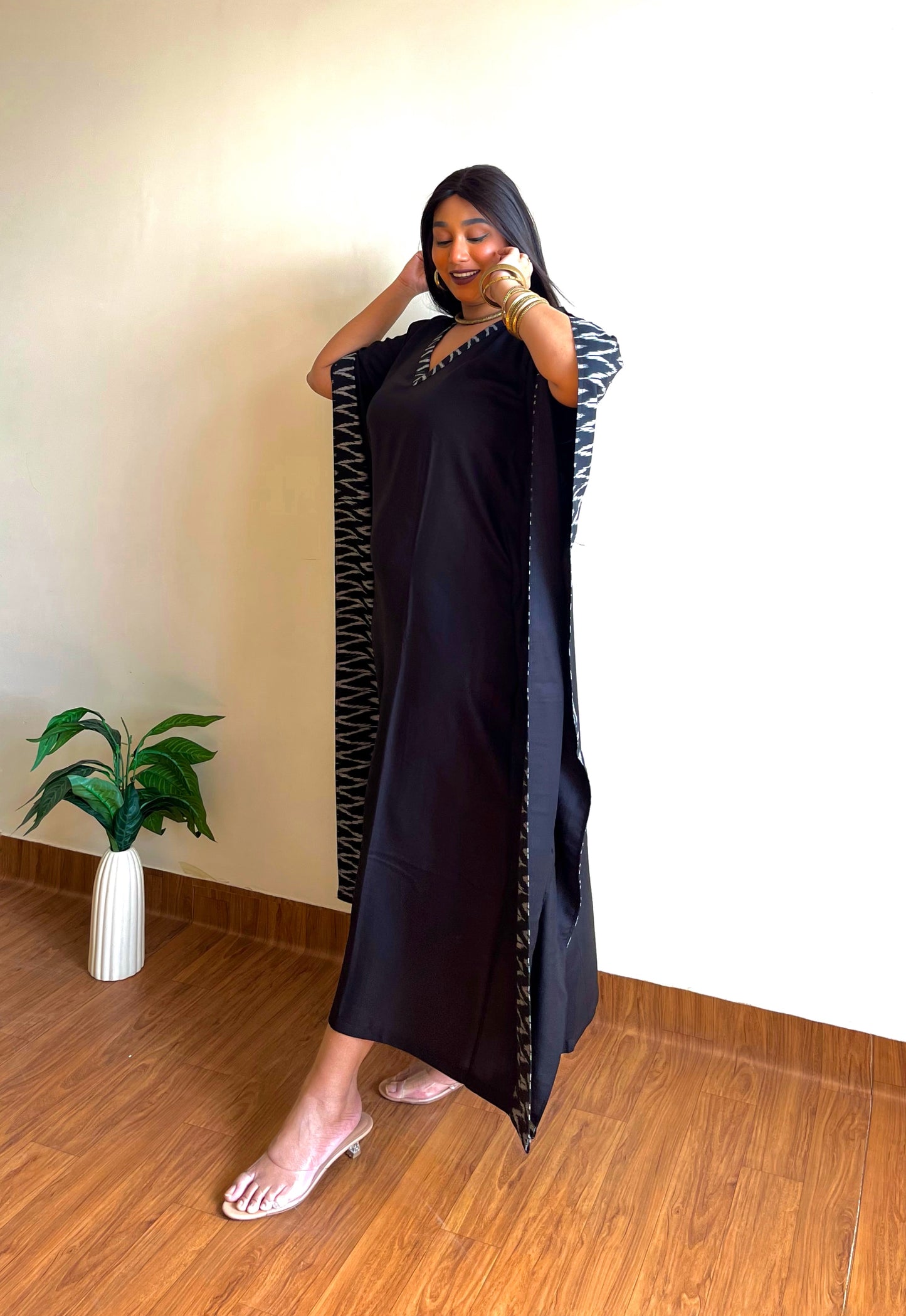 Black Rayon Ikat Panel Kaftan