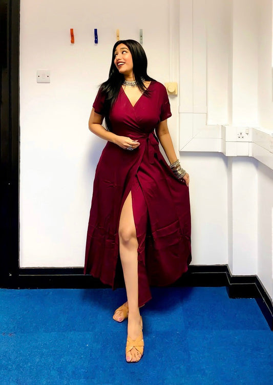 Maroon Rayon Wrap Dress