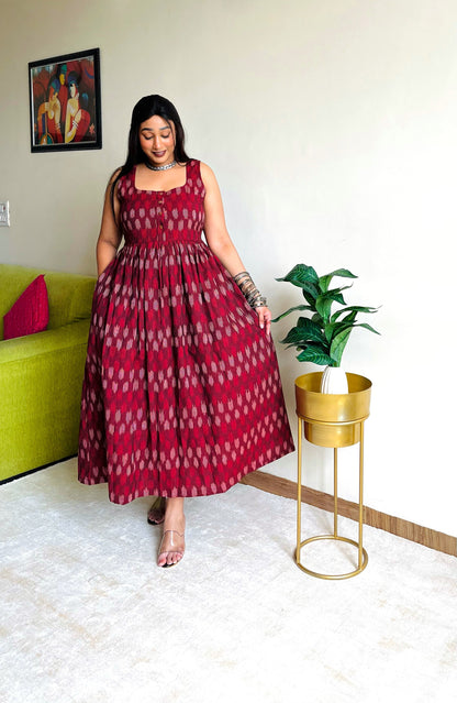 Naina Maroon Ikkat Maxi Dress