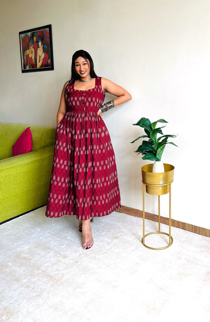 Naina Maroon Ikkat Maxi Dress