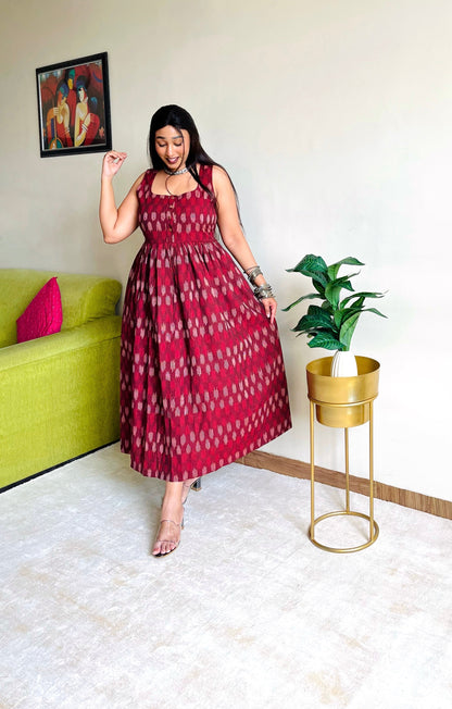 Naina Maroon Ikkat Maxi Dress