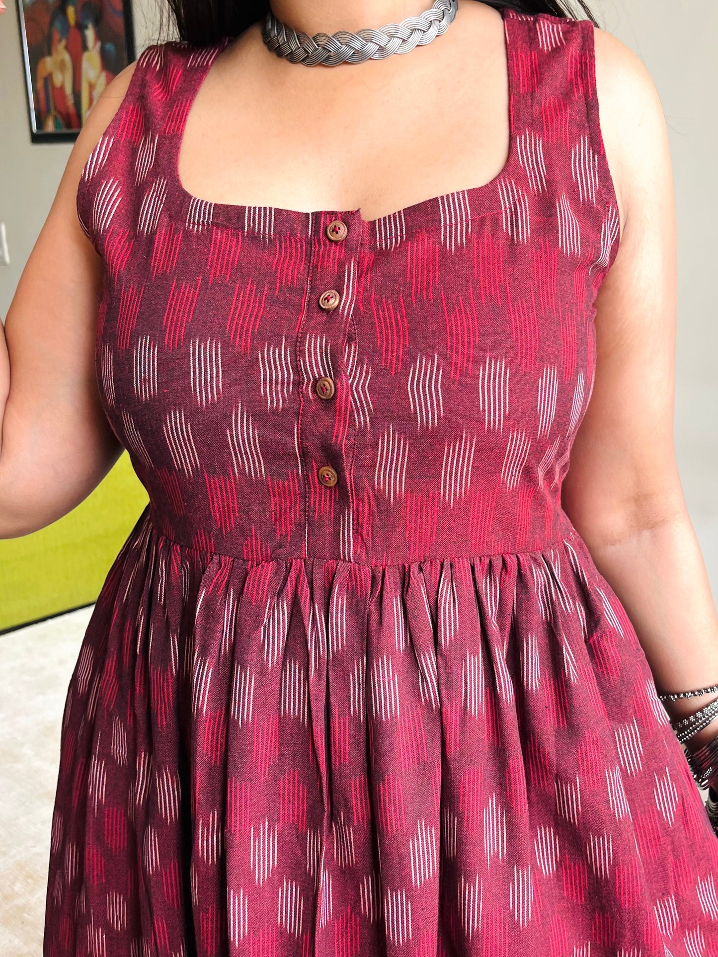 Naina Maroon Ikkat Maxi Dress