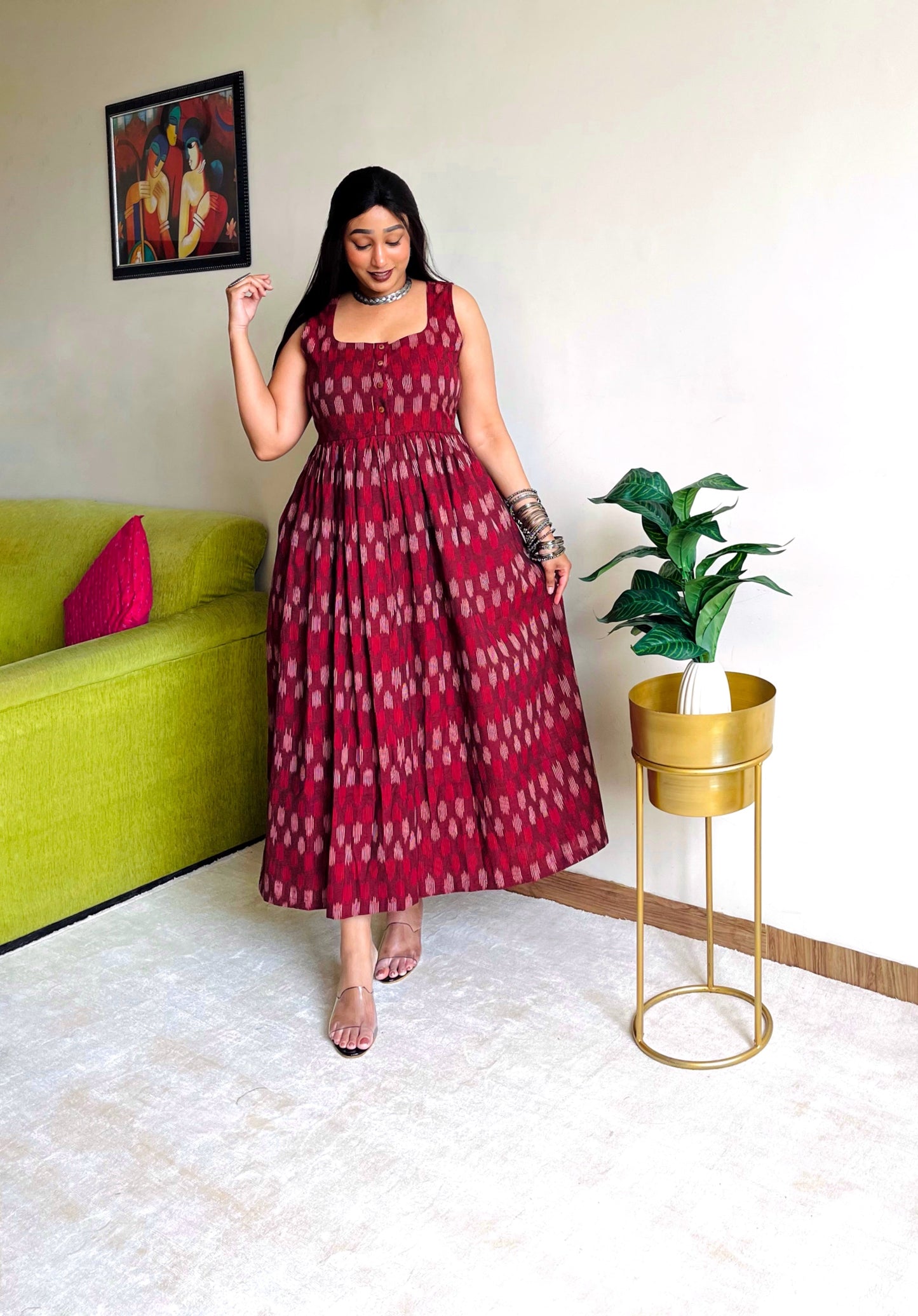 Naina Maroon Ikkat Maxi Dress