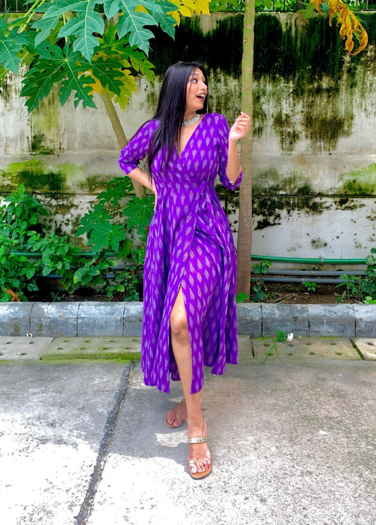 Ayesha Purple Ikat Wrap Dress