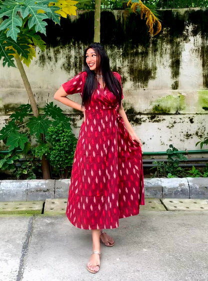 Maroon Ikat Hand Woven Wrap Dress